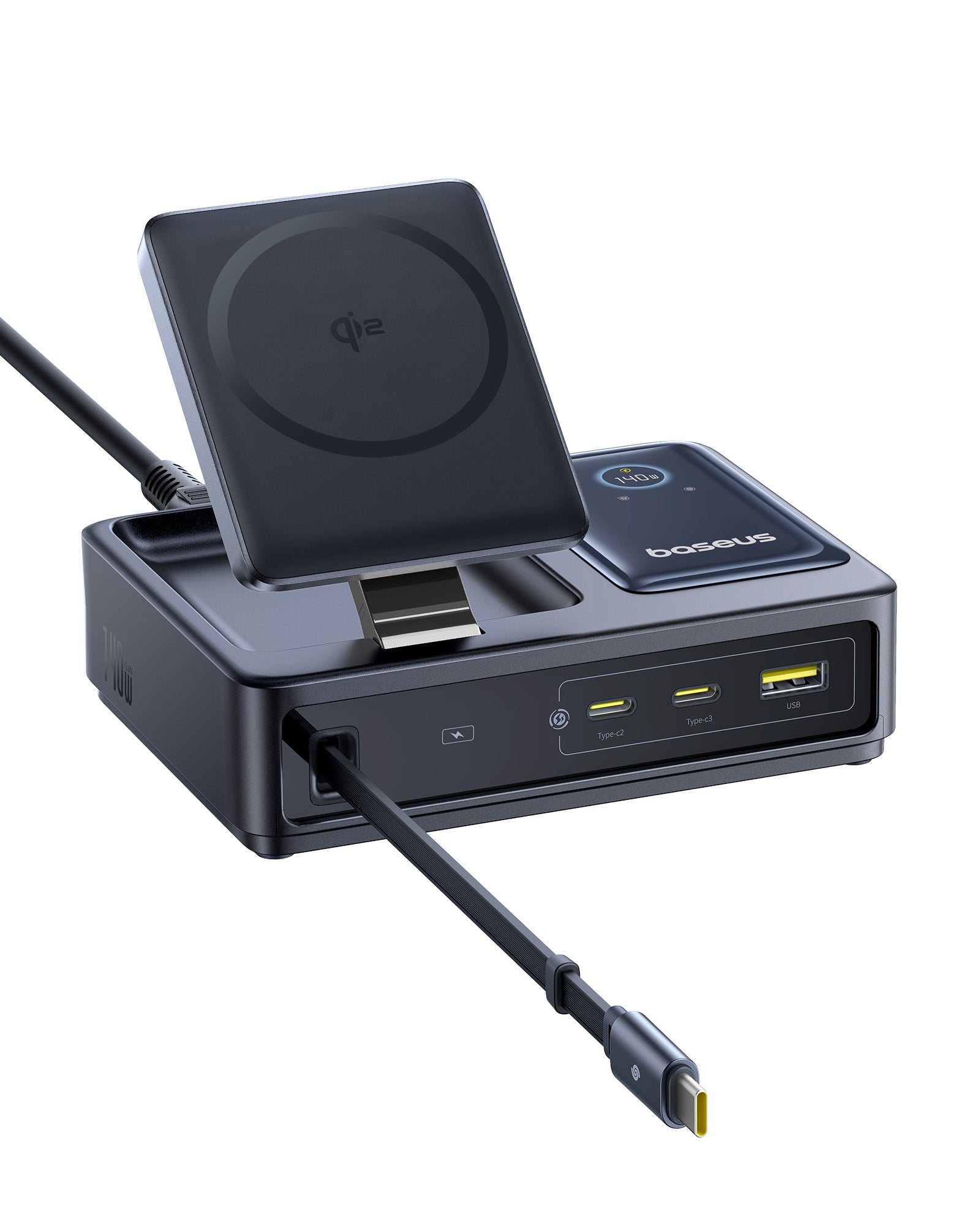 Bezdrôtová nabíjačka Baseus Nomos Qi2 140W USB, 2xUSB-C, s navíjacím káblom USB-C/sieťový kábel 1m čierna