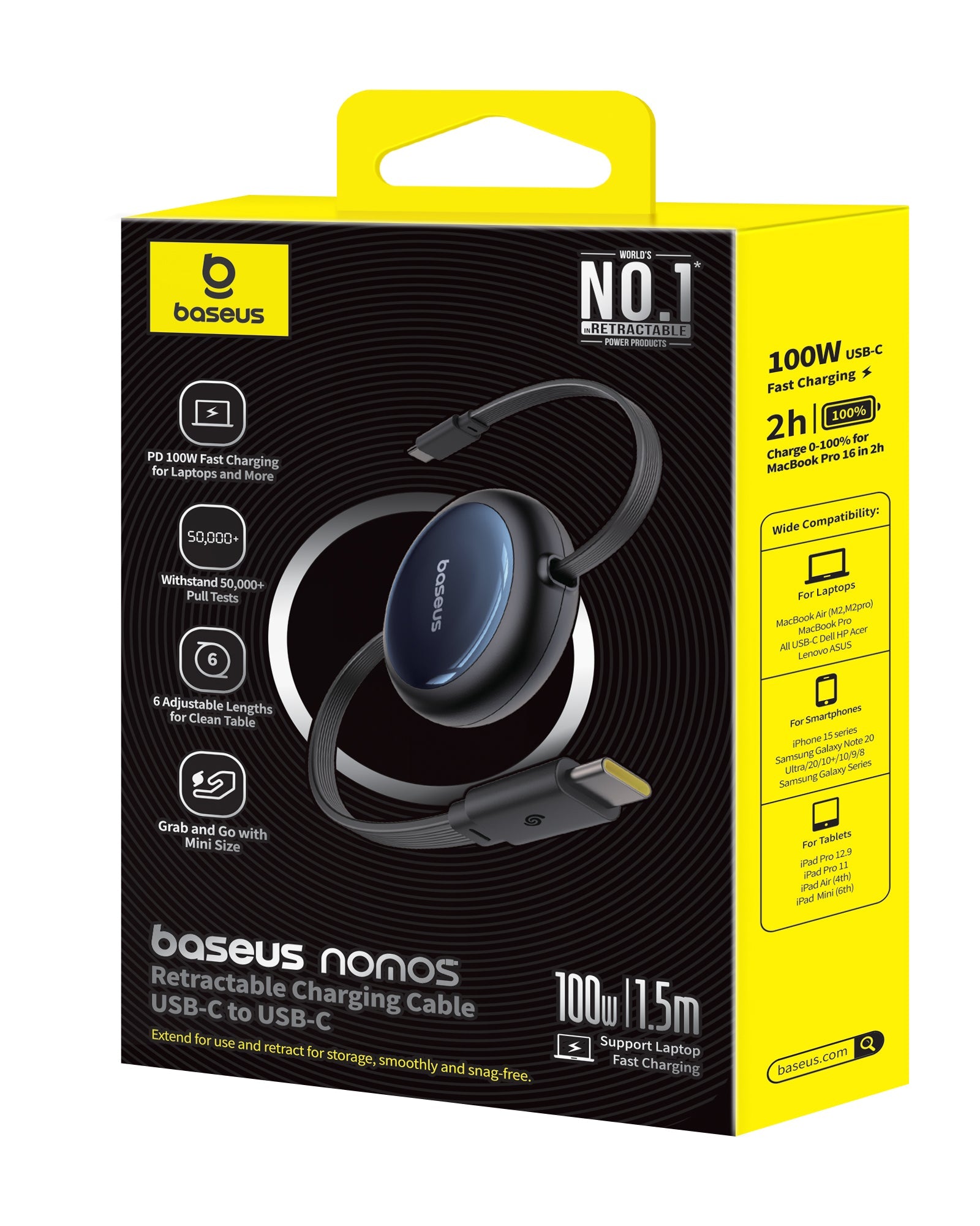 Navíjací kábel Baseus Nomos USB-C/USB-C 1,5m 100W čierny