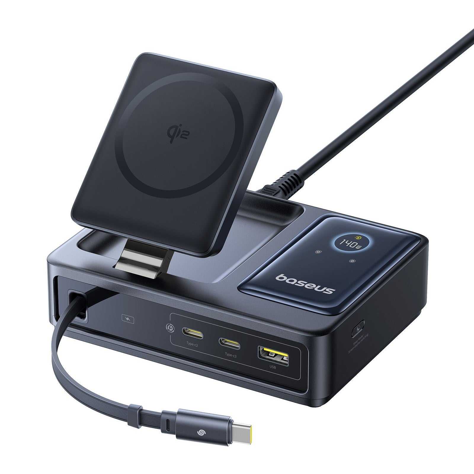 Baseus Bezdrôtová nabíjačka Baseus Nomos Qi2 140W USB, 2xUSB-C, s navíjacím káblom USB-C/sieťový kábel 1m čierna