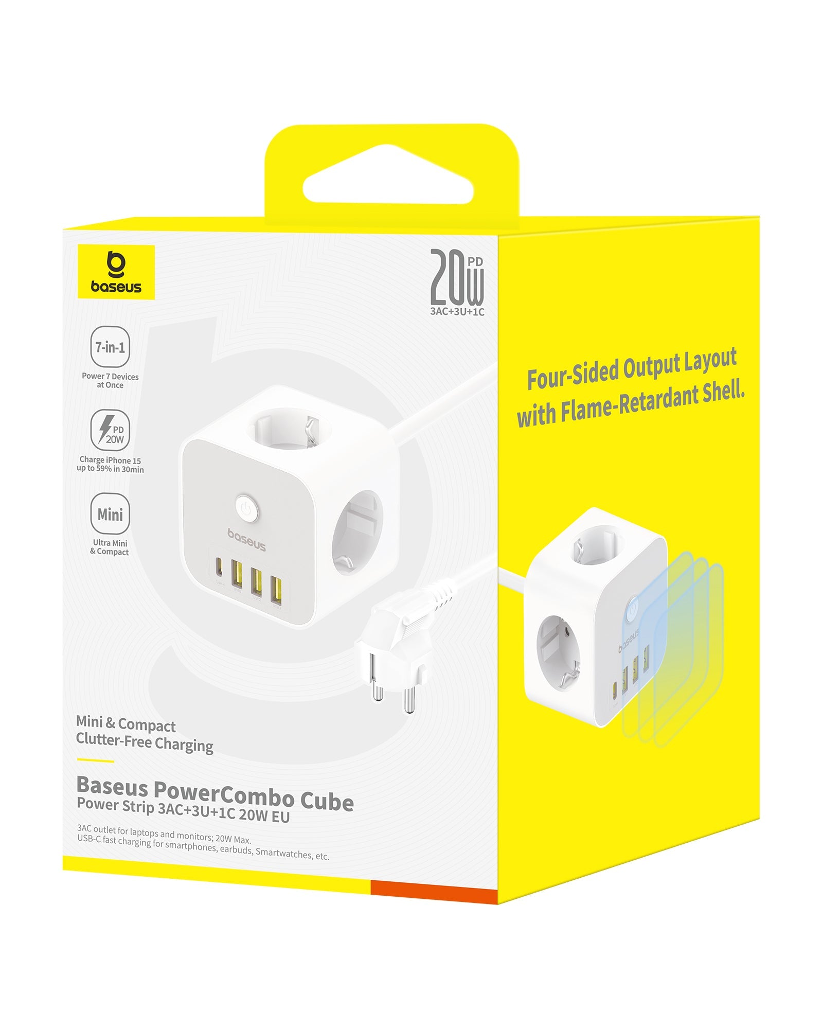 Nabíjacia stanica Baseus PowerCombo Cube 20W, 3x zásuvka, 3xUSB, 1xUSB-C biela